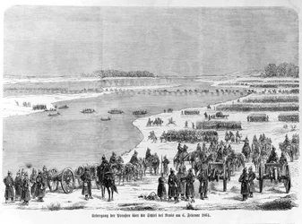 Krieg der Herzogtümer, die preußische Armee überquert die Schlei bei Arnis, Illustration aus 